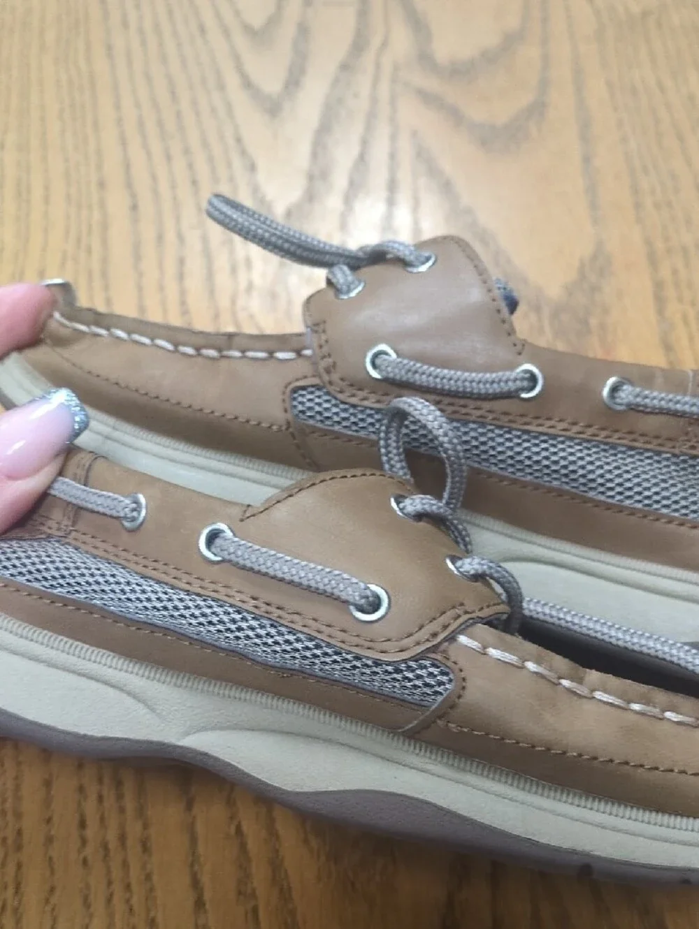 Sperry Tan Leather Kids Boat Shoes with Gray Laces